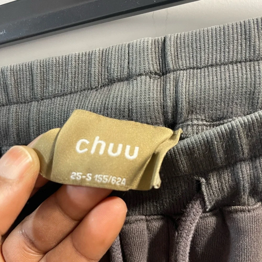 Chuu Seoul Women’s Gray Pants with Green Logo Have One Hole